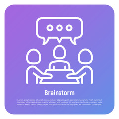 Collaboration, teamwork thin line icon: people at brainstorm. Successful communication. Modern vector illustration.