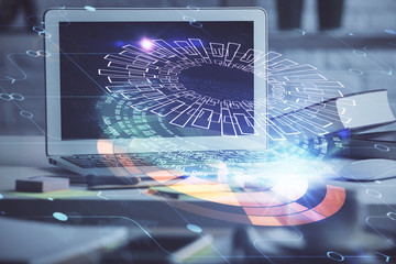 Multi exposure of desktop computer and technology theme hologram. Concept of software development.