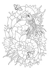 Fototapeta premium Vertical coloring page with flowers, bird and beetles. Vector illustration, black-white background.