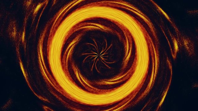 Vortex animation. Ink water swirl. Glitter orange golden whirl spinning motion with abstract windmill center on black. Burning spinning dimensional portal. Dynamic fire flame circle with sparks.