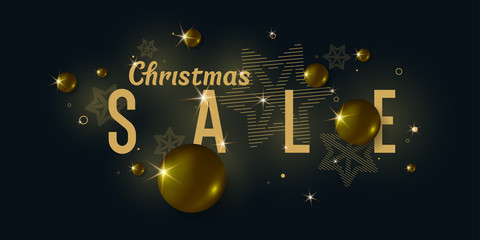 Christmas sale poster. Gold balls on background. Abstract illustration.