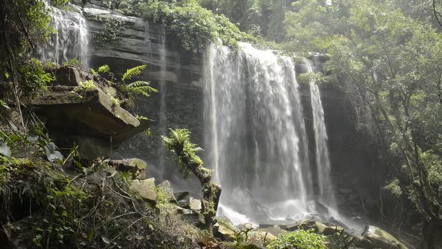 Man Fah waterfall after heavy rainfall in deep forest at Thap Lan National Park, Thailand.