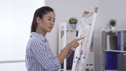 drawing up marketing strategy for products. portrait woman ceo browsing catalogue on phone and counting the items on list on whiteboard, marking with pen. real moments