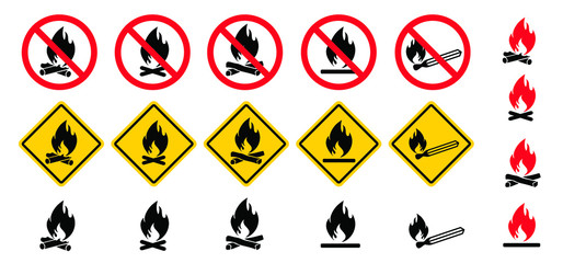 Forbidden, No open fire or flame sign. Vector prohibition sign. Do not, forbid burn on campfire, beach, forest or camping. Stop halt allowed, no ban. Flames symbol pictogram.