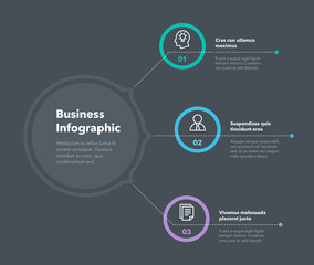 Simple concept for business diagram with three steps and place for your description - dark version. Flat infographic design template for website or presentation.