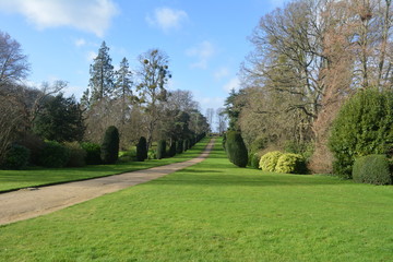 Fototapeta na wymiar Beautiful garden driveway of a large English park estate in the sunshine, with trees, hedges and green lawn