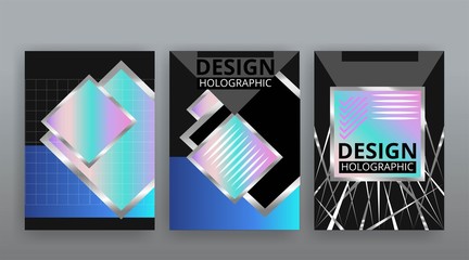 Holographic abstract page templates set, retro wave glitch creative hipster neon and pastel gradient colors.