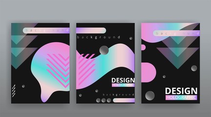 Abstract page templates set, retro wave creative hipster, neon and gradient colors. Stylish geometric creative futuristic cover, 90s style, realistic rainbow sheen, banners set, fluid modern design
