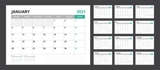 2021 calendar planner set for template corporate design week start on Monday. - obrazy, fototapety, plakaty