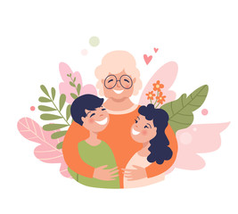 Granny and grandchildren are hugging, happy grandmother with smiling kids. Senior Insurance concept illustration, family relations vector.