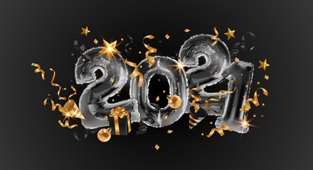 2021 metal black balls.Happy New year and merry Christmas 2021. Vector illustration of sparkling numbers.Gold Numbers, confetti, gifts, balloons, stars on a dark background. Festive banner design.