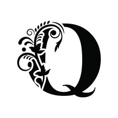 letter Q flower  ornament. Vector logo. Monogram alphabet. Beautiful floral capital letters
