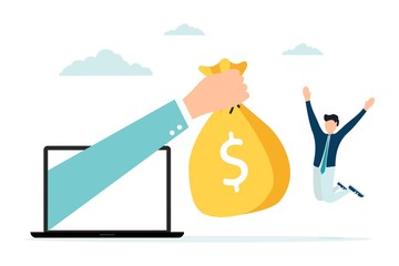 Businessman gives reward online. Vector illustration
