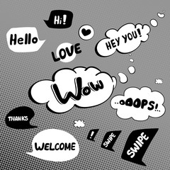 Speech bubbles with different expressions on grey halftone background