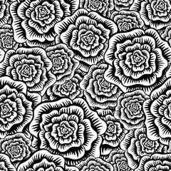 Materiał do szycia Black and white etched roses seamless pattern.