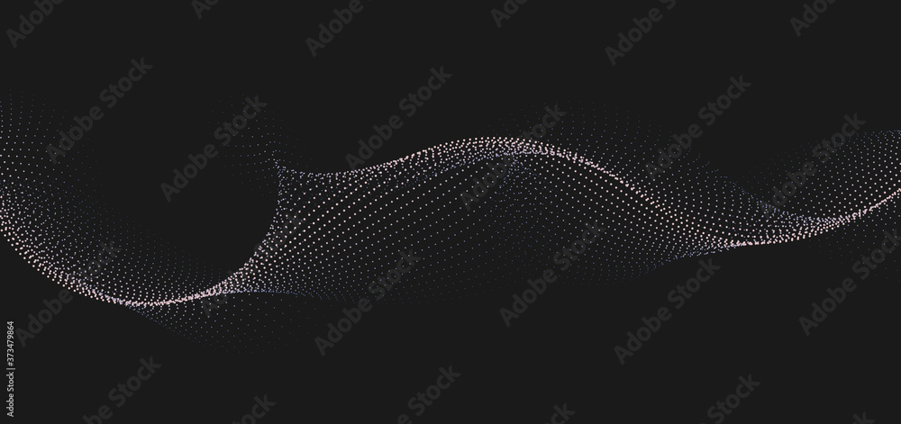 Poster abstract background with dynamic waves, line and flowing particles on black background