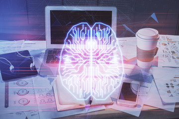 Multi exposure of work space with computer and human brain hologram. Brainstorm concept.