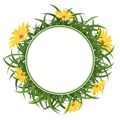 Round border with green grass and yellow daisies.