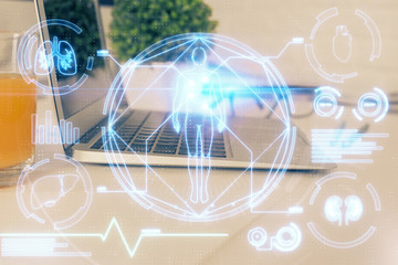 Desktop computer background and education theme drawing. Double exposure. Study concept.