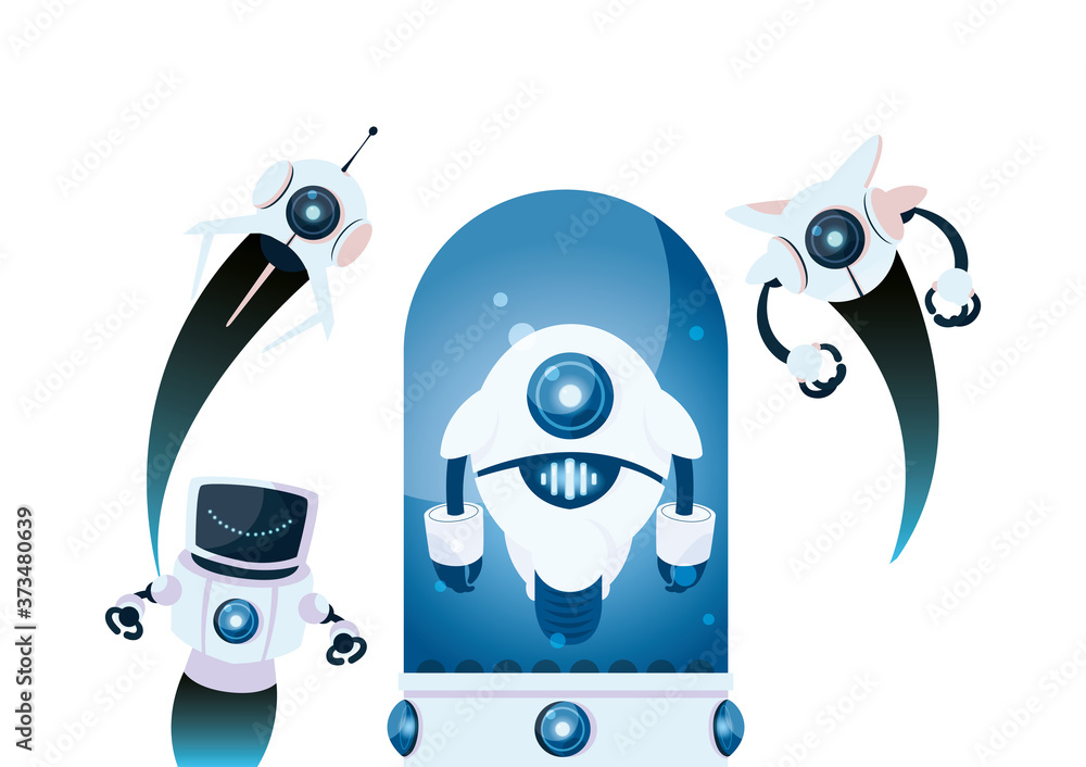 Poster white robots cartoons vector design
