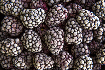 Fresh Frozen Ripe Juicy Blackberries on black background