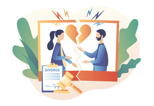 Divorcement. Husband and wife at torn apart wedding photo. Tiny people relationship breakup. Broken heart. End of family life. Sign agreement divorce document. Modern flat cartoon style. Vector