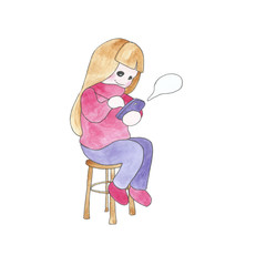 Girl doll watercolor illustration. Cute and funny girl doll in everyday life