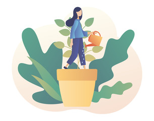 Personal growth concept. Tiny woman in flowerpot watering herself. Self-improvement and self development. Metaphor growth personality as plant. Modern flat cartoon style. Vector illustration