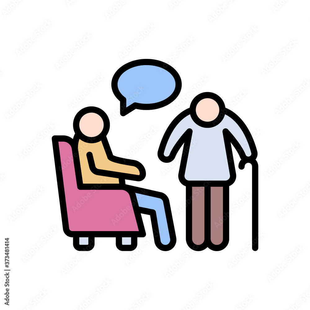 Poster old people talking icon. simple color with outline vector elements of nursing home icons for ui and 