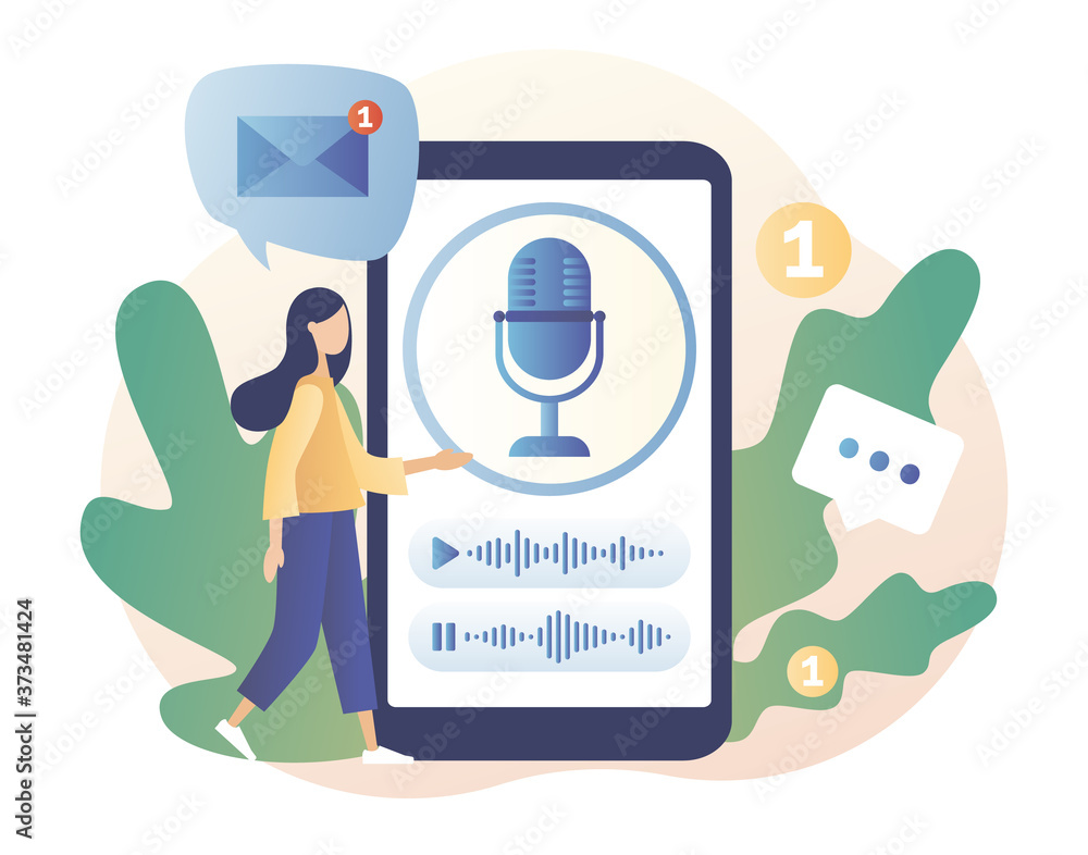 Poster voice messages concept. tiny girl use microphone in smartphone to record message or talk to voice as