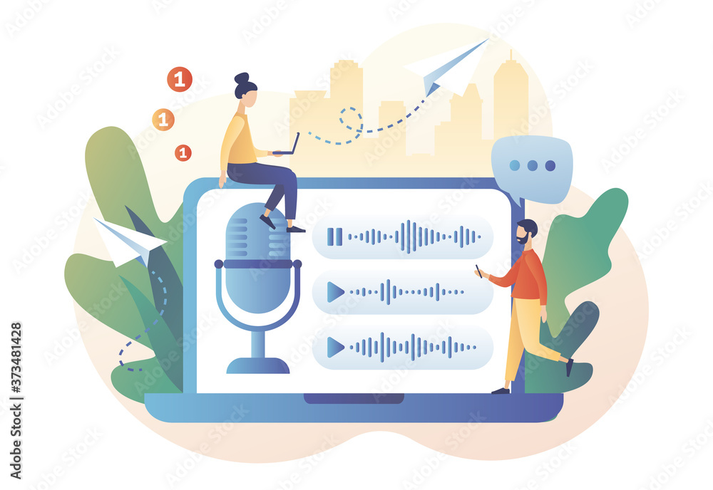 Poster voice messages concept. chat app. online communication. tiny people use microphone in laptop to reco