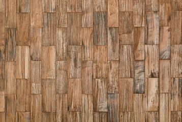 background and texture of brown color decorative old wood on surface wall in rectangular shape.