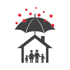 illustration Family under the umbrella in house avoid virus attacks. on a white background