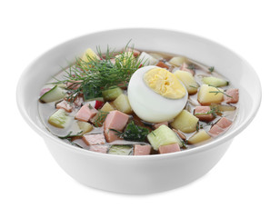 Delicious cold okroshka with kvass isolated on white. Traditional Russian summer soup