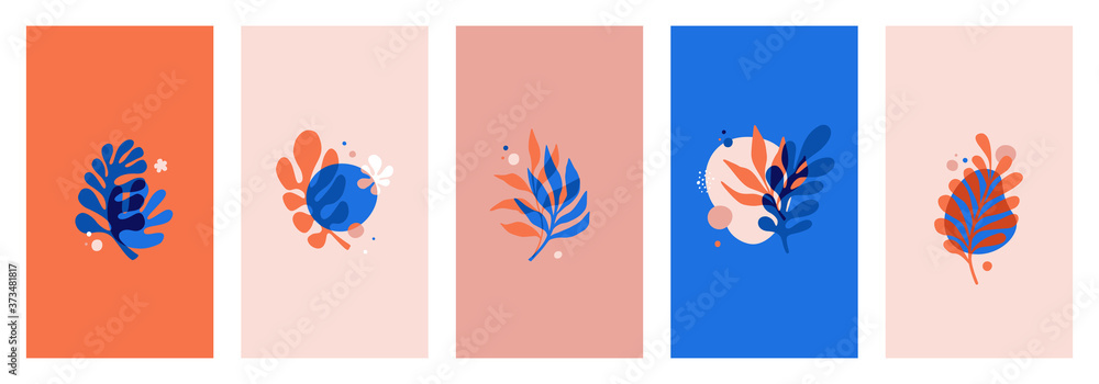 Aufkleber Vector set of abstract floral backgrounds with copy space for text in red and blue colors with effect of overprinting. Banners and templates with leaves
