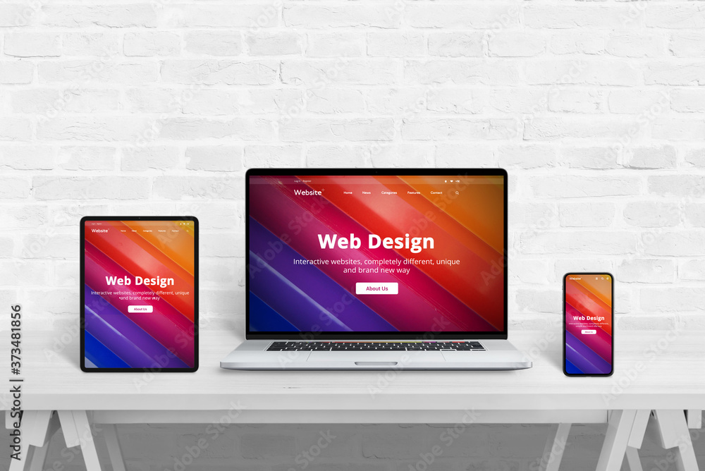 Poster responsive web site presentation concept on tablet, laptop and smart phone on white studio desk