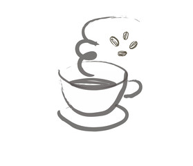 A cup of aromatic coffee and 4 coffee beans. Ink sketch, hand drawing. Part of the ornament pattern design element logo postcard menu print illustration cover.