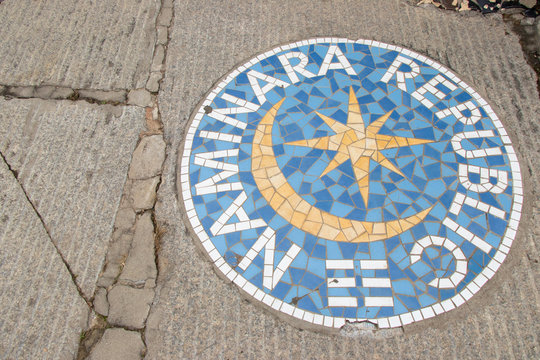 Seoul, South Korea- Oct 24, 2019  : Round painting of insignia that contain word naminara republic with sign of moon and star on concrete floor background