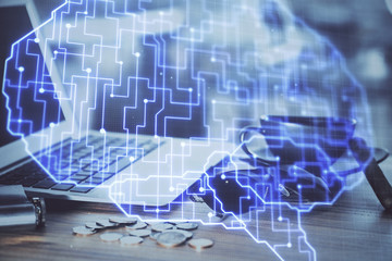 Obraz premium Multi exposure of work table with computer and brain hologram. Brainstorm concept.