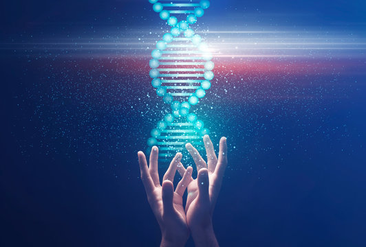 Genetics and medical science. Collage with male hands holding shiny DNA molecule on blue background