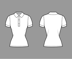 Polo shirt technical fashion illustration with cotton-jersey short sleeves, close fit, buttons along the front. Flat outwear apparel template front, back, white color. Women men unisex top CAD mockup