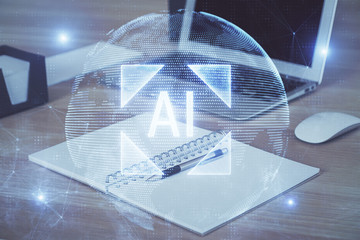 Double exposure of computer and technology theme hologram. Concept of freelance work.