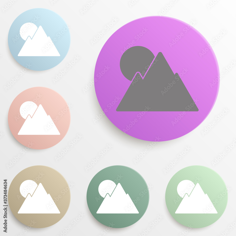 Poster mountains sun badge color set. simple glyph, flat vector of web icons for ui and ux, website or mobi