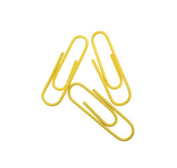 Colorful paper clips isolated on white, top view. School stationery