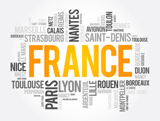 List of cities and towns in France, word cloud collage, travel concept background