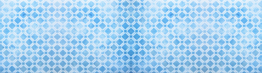 Seamless light grunge blue white cement stone concrete paper textile tile wallpaper texture wide background banner panorama, with hexagonal hexagon diamond / rhombus / lozenge shape pattern print