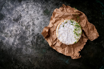 French cheese Camembert with herbs on the paper over dark rustic background. Top view. Copy space