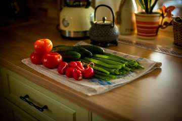 
food, tomatoes, green onions, cucumbers, radishes, on the table, delicious, appetizing, sun, spring