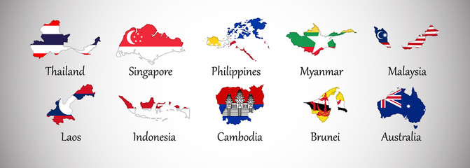 Set of south east Asia country maps with flags isolated on gray background, vector illustration