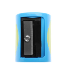 Obraz premium Modern pencil sharpener isolated on white, top view. School stationery